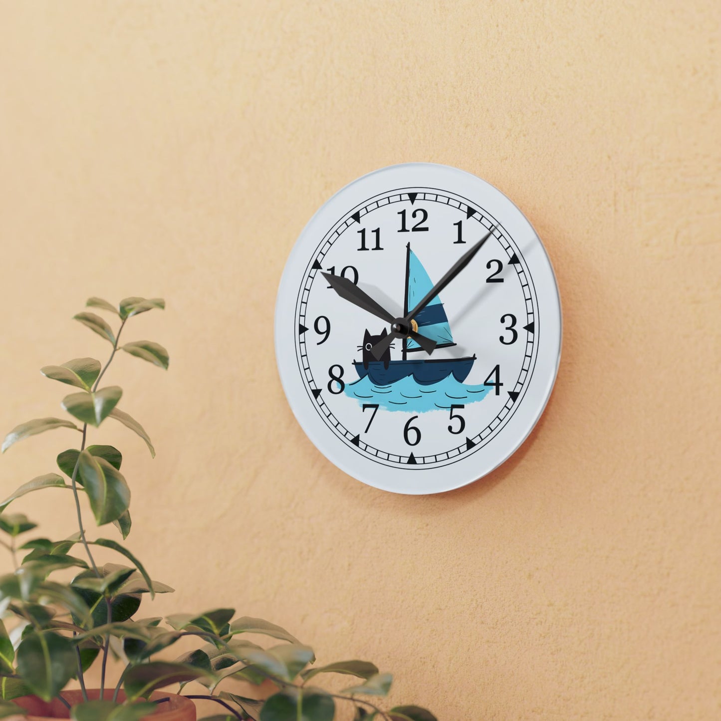Sailing Cat Acrylic Wall Clock, Cute Home Decor, Nautical Gift, Cat Lover's Wall Art, Unique Timepiece, Kids Room Decoration