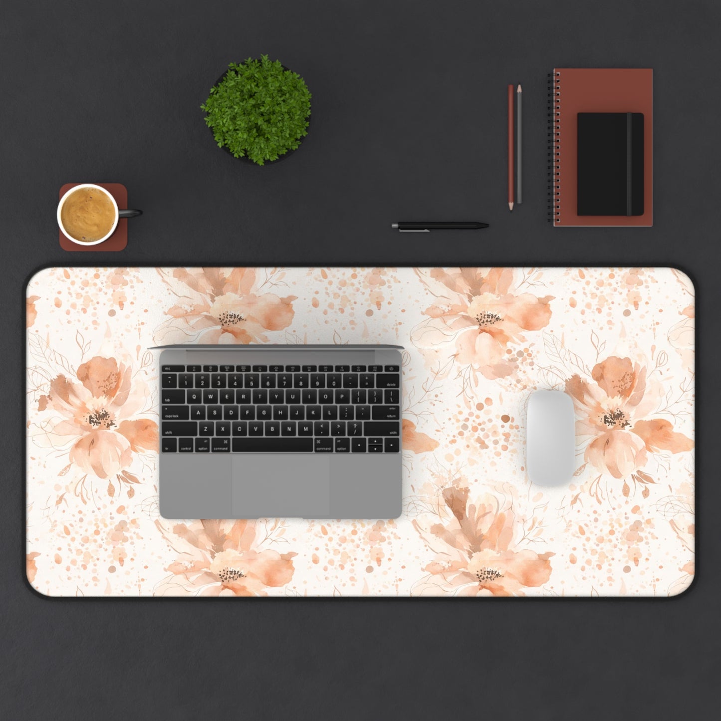 Floral Desk Mat — Soft Peach Watercolor Blossoms Mouse Pad