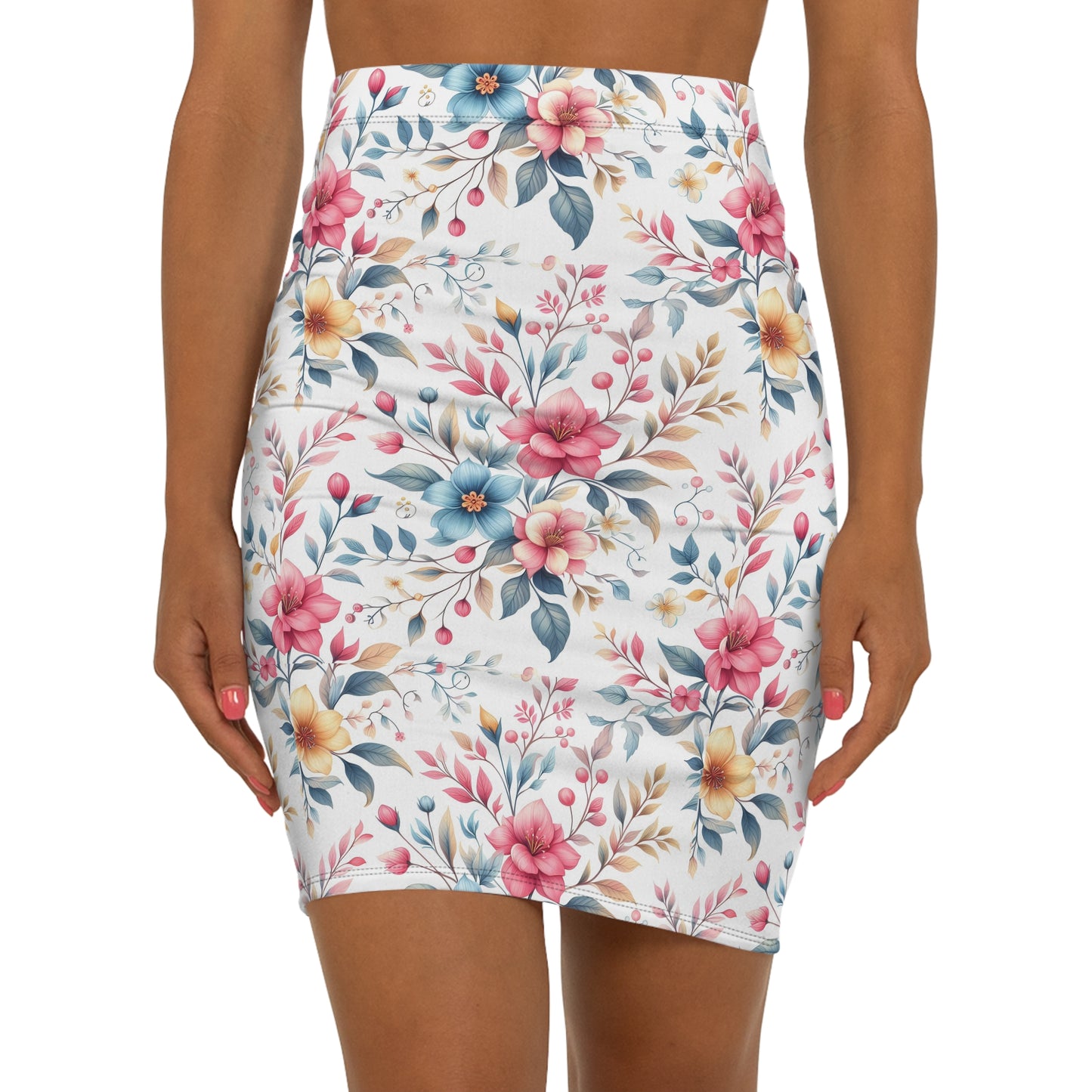 Floral Watercolor Pencil Skirt — Pastel Bouquet Mid‑Waist Women's Skirt