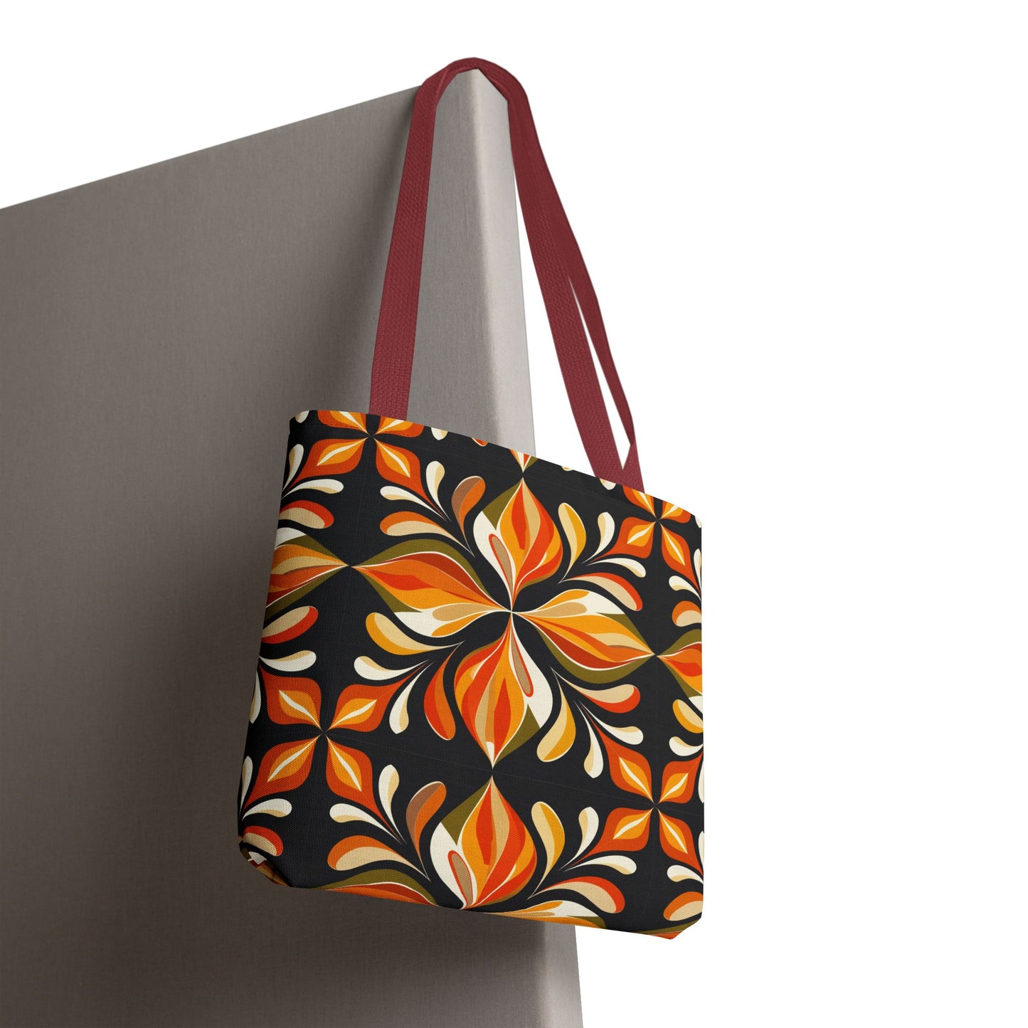 Retro Floral Tote Bag — Orange & Black Boho Pattern