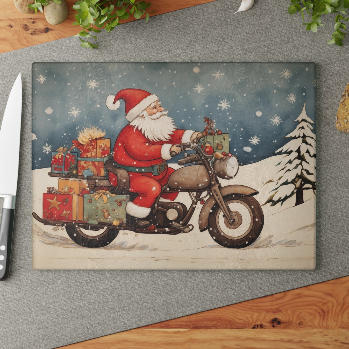Festive Santa Motorcycle Glass Cutting Board, Holiday Kitchen Decor, Christmas Gift, Unique Cookware, Santa Gift Idea