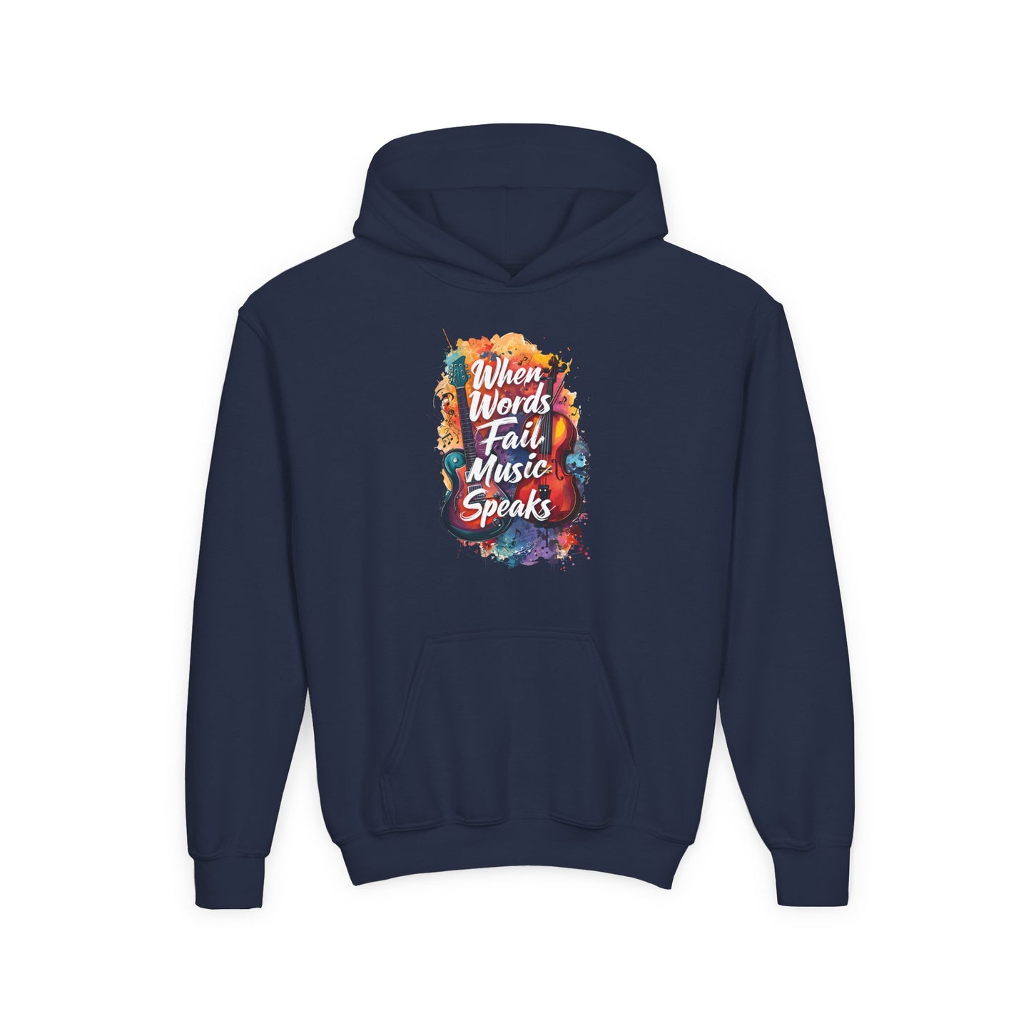 Youth Hoodie — "When Words Fail Music Speaks" Colorful Watercolor Design