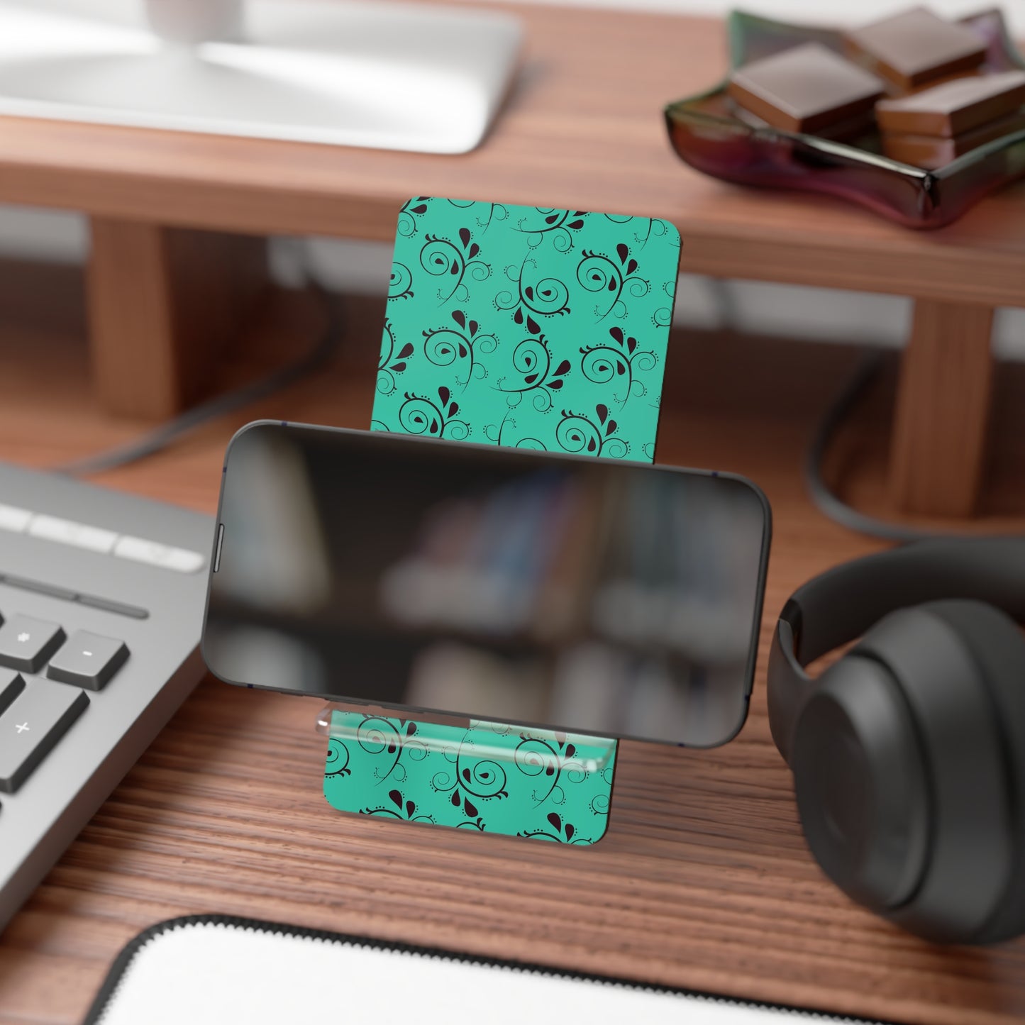 Teal Floral Smartphone Stand — Portable Mobile Display Dock