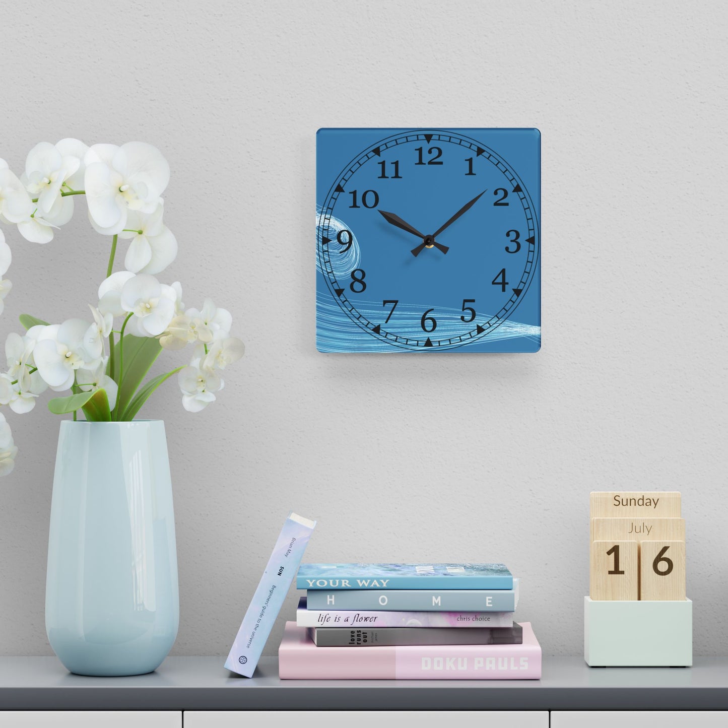 Blue Wave Acrylic Wall Clock — Modern Coastal Home Decor