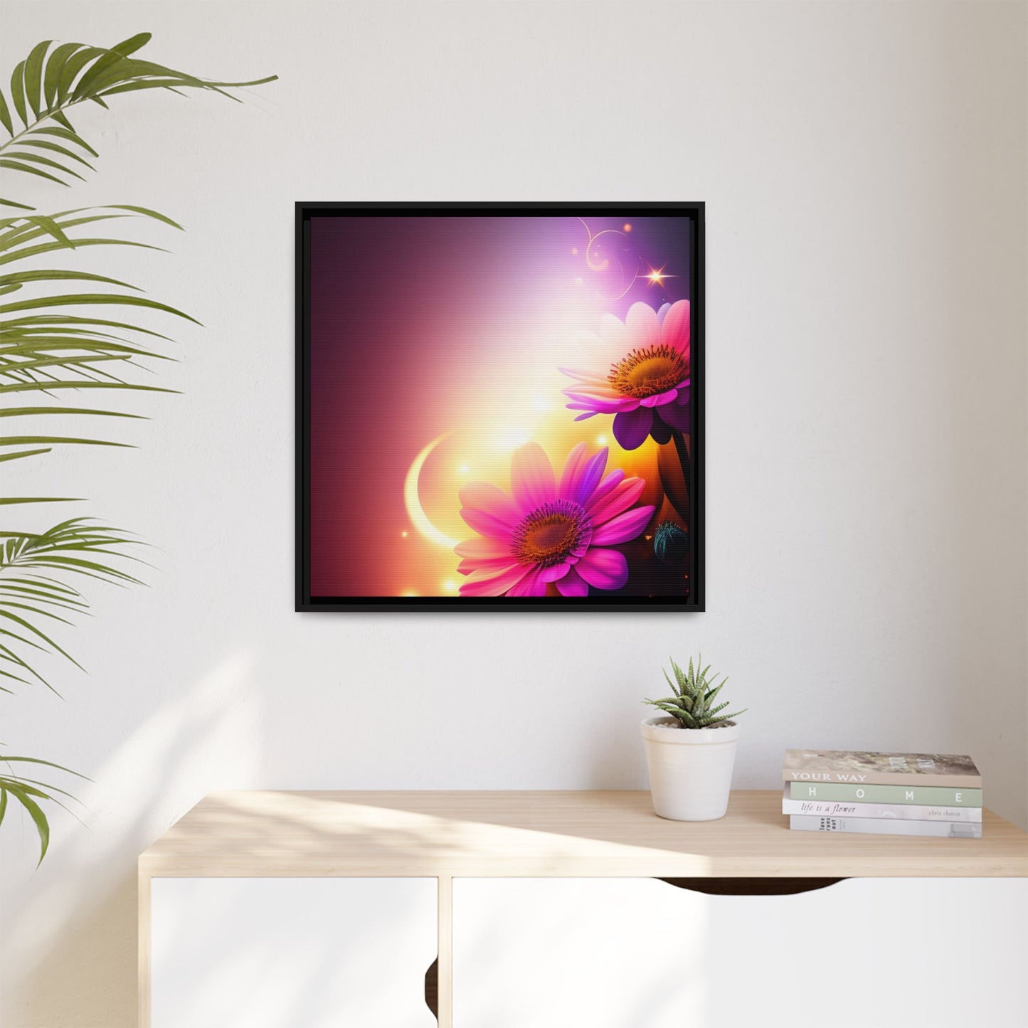 Framed Floral Canvas Art — Pink Daisies Sunset Wall Print