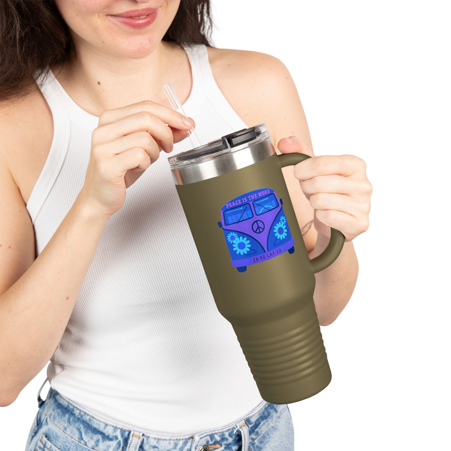 Peaceful Vibes Insulated Travel Mug | 40oz Cooler, Eco-Friendly Drinkware, Unique Gift for Travelers, Road Trip Essential, Custom Cup