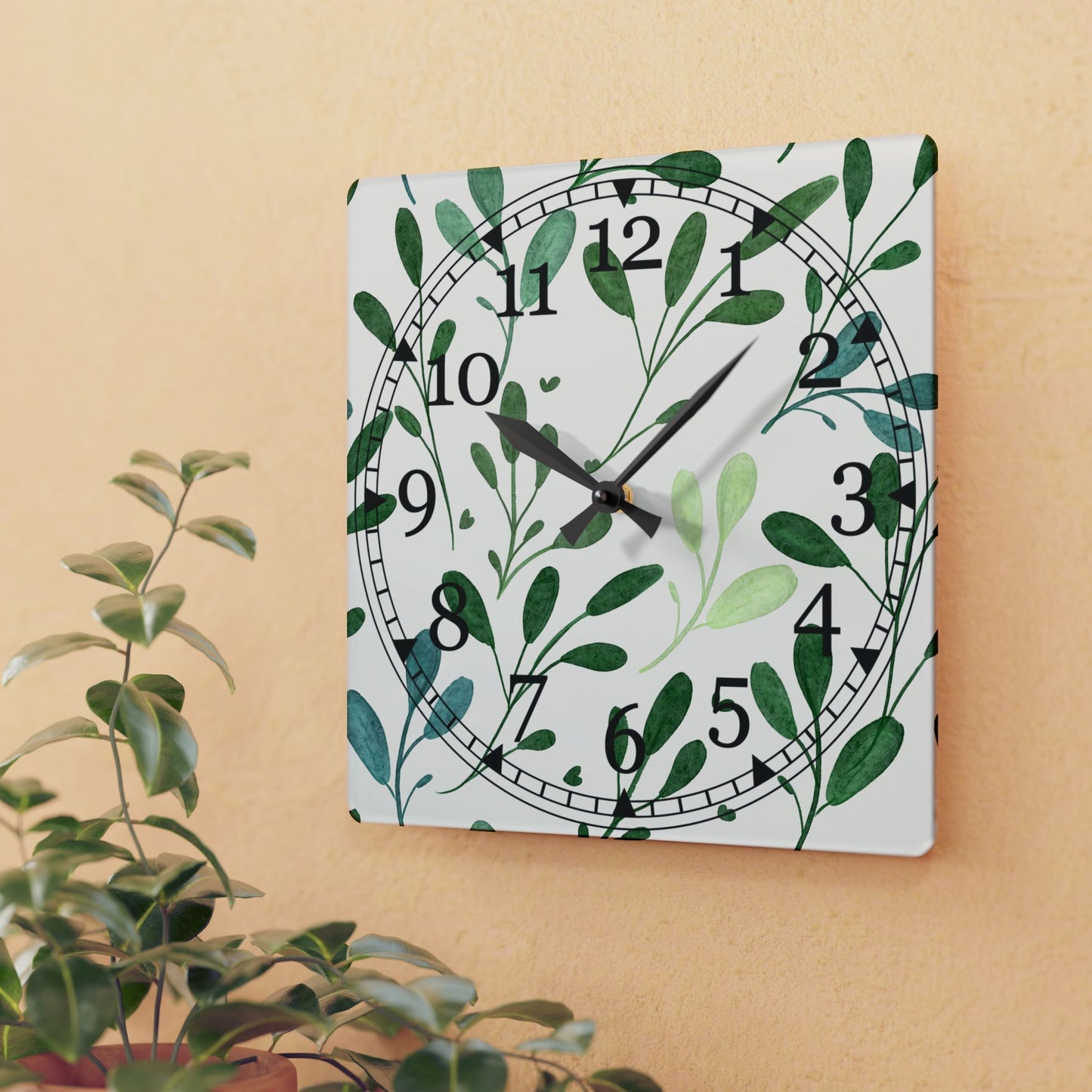 Nature Inspired Acrylic Wall Clock, Greenery Home Decor, Modern Timepiece