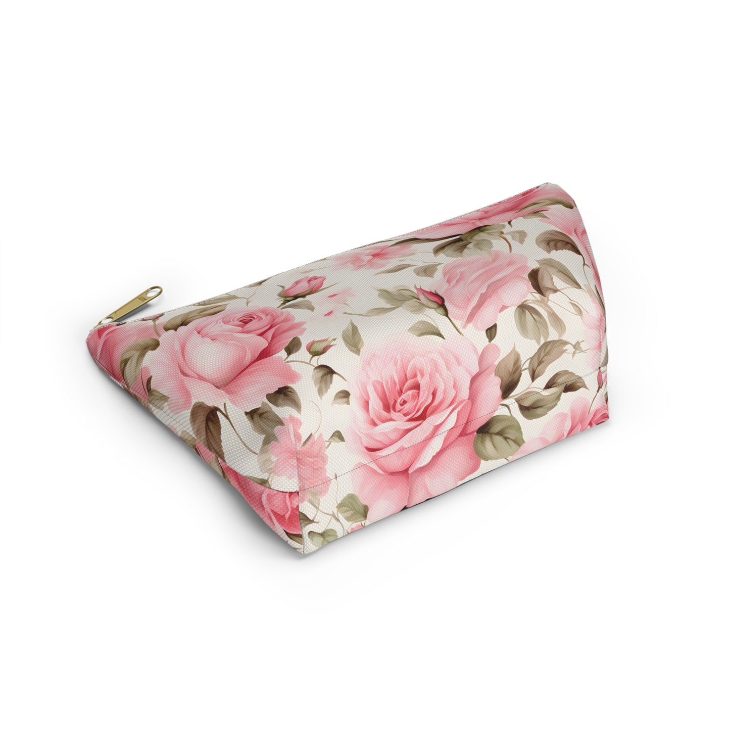 Floral Rose Accessory Pouch - Pink Vintage Cosmetic Bag with T-Bottom