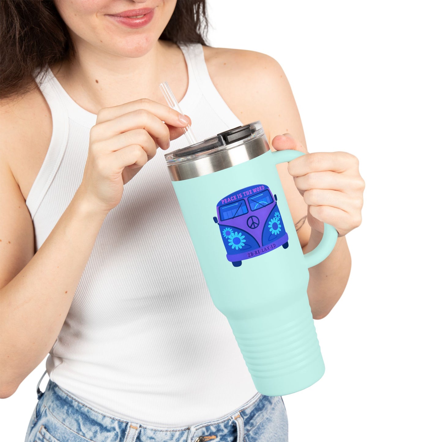Peaceful Vibes Insulated Travel Mug | 40oz Cooler, Eco-Friendly Drinkware, Unique Gift for Travelers, Road Trip Essential, Custom Cup