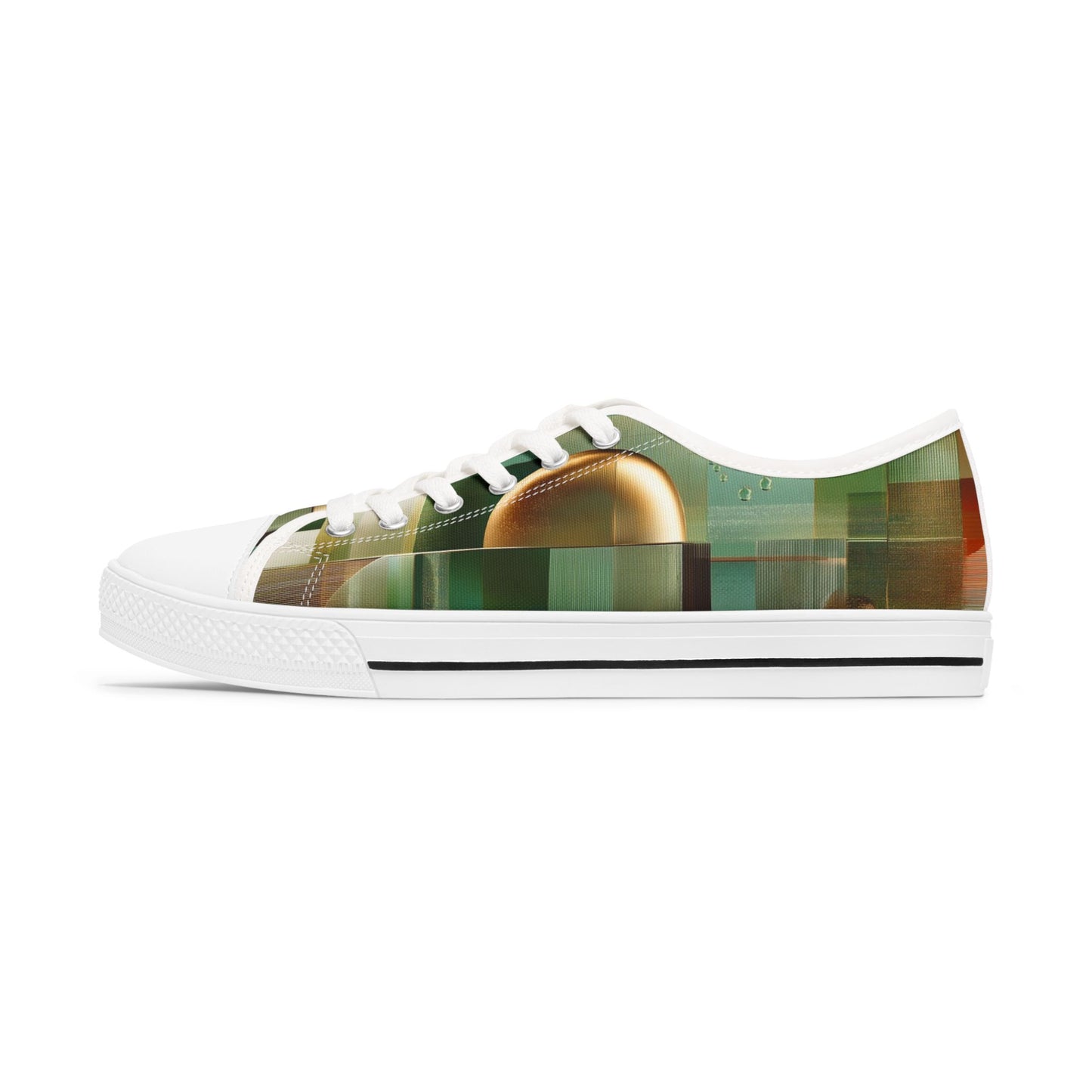 Low Top Sneakers — Green Abstract Geometric with Gold Orb Design