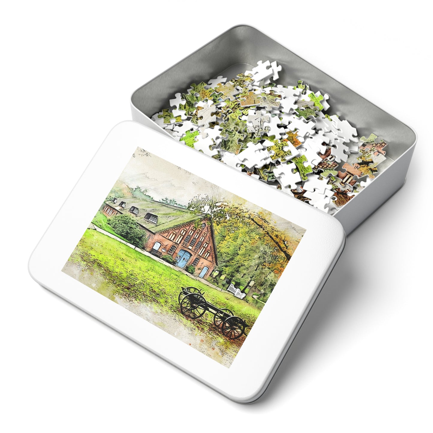 Rustic Scene Jigsaw Puzzle, Cozy Family Game, Art Puzzle with Tin, Nature Lover Gift, Home Décor Puzzle