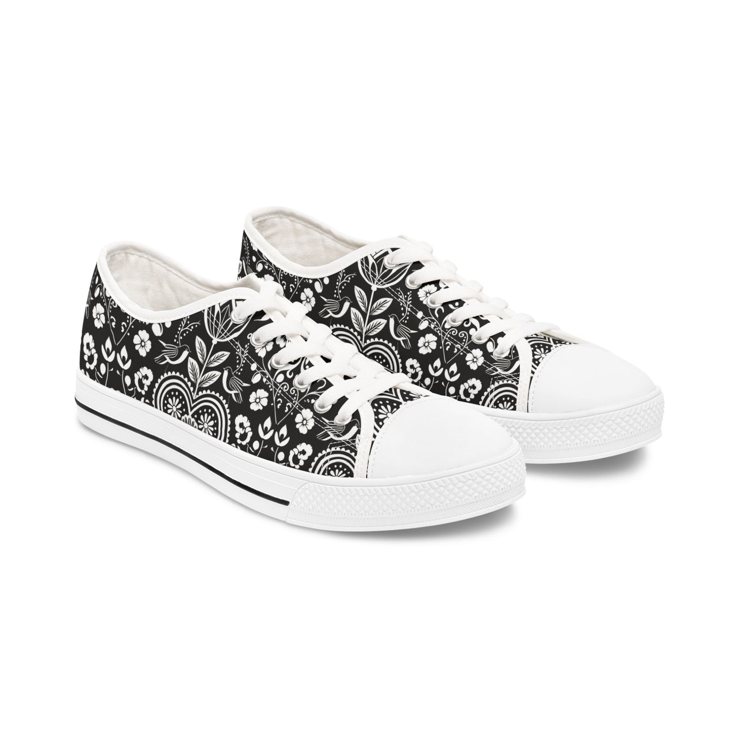 Low Top Sneakers — Black White Paisley Floral Pattern