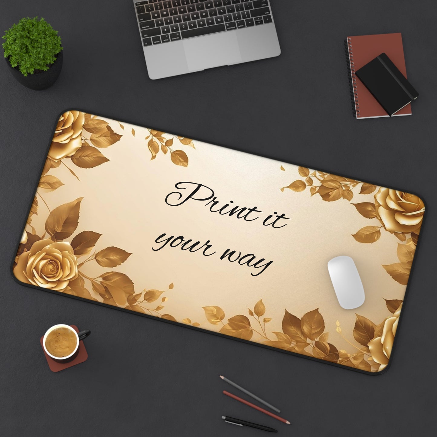 Gold Floral Desk Mat — Customizable Elegant Mouse Pad with "Print it your way" Design