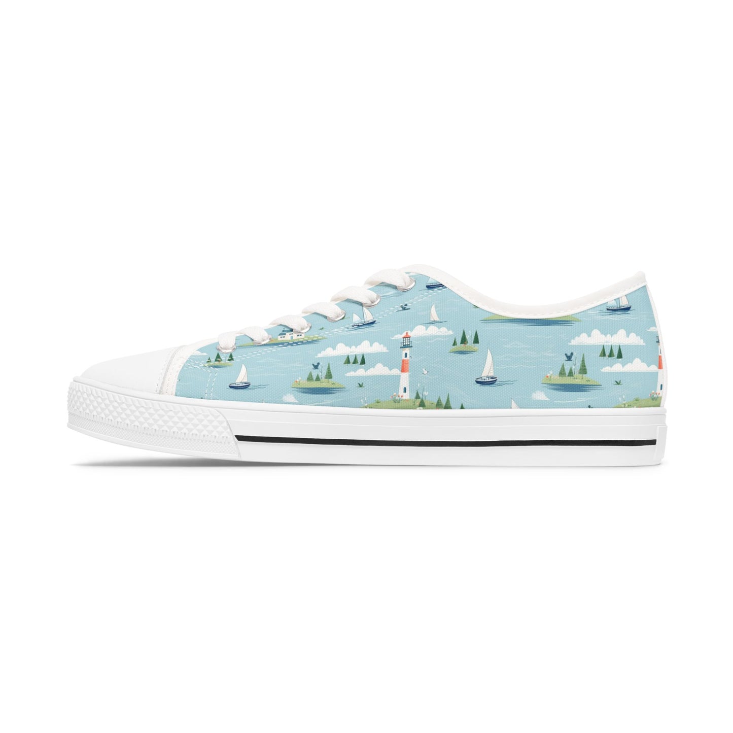 Low Top Sneakers — Nautical Lighthouse Pattern, Cute Coastal Women’s Casual Shoes
