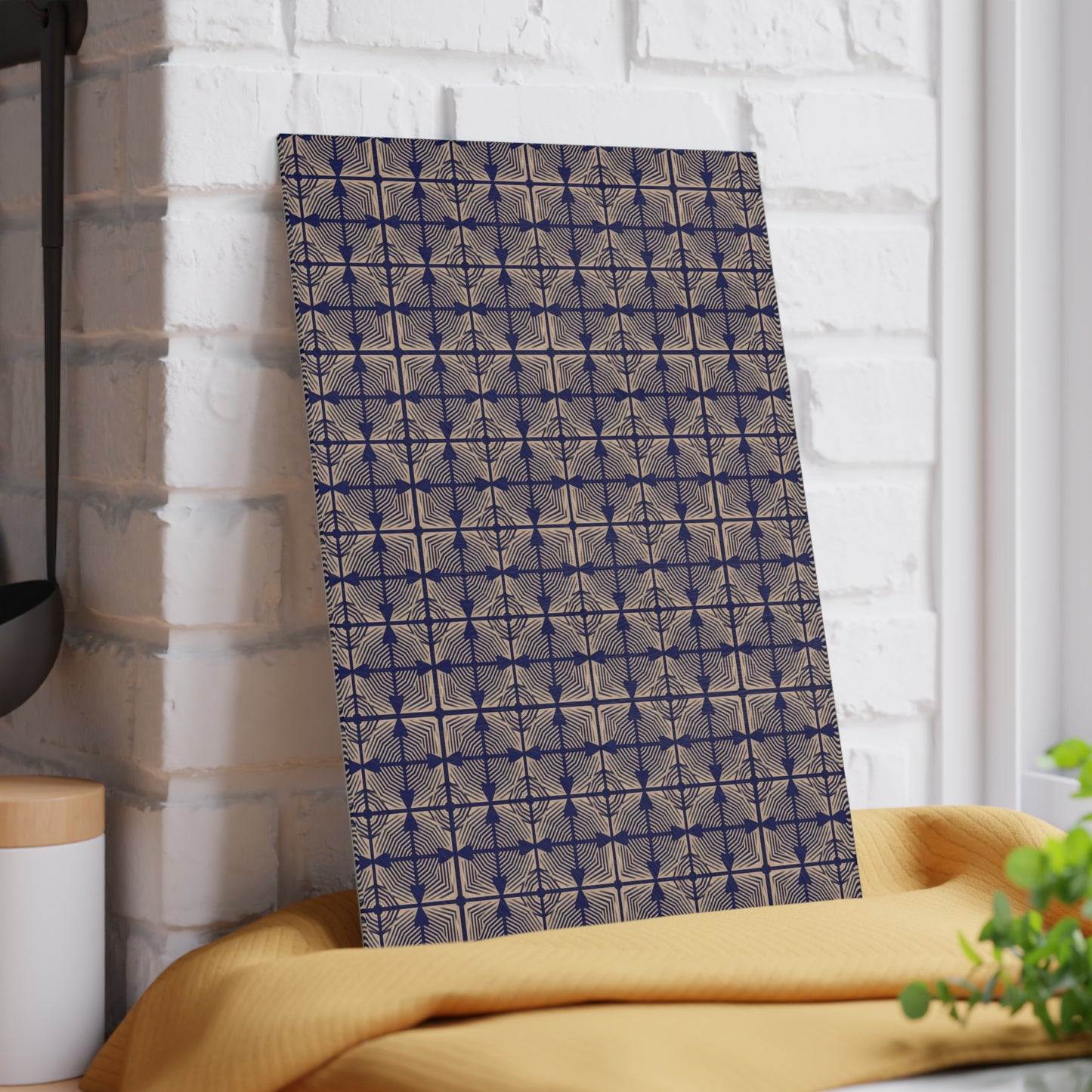Patterned Glass Cutting Board – Vintage Blue Geometric Tile Design