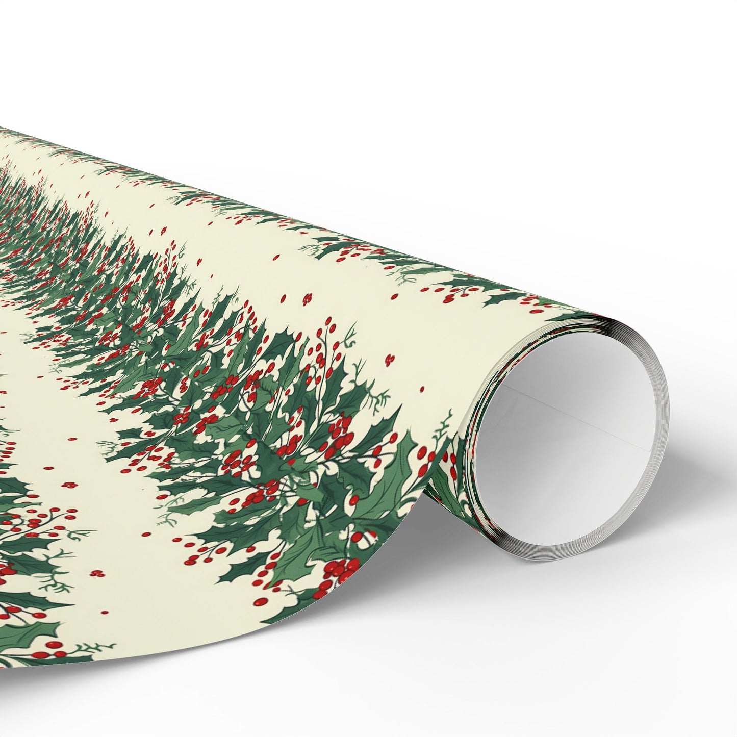Wrapping Paper Roll — Festive Green Wreath & Red Berry Holiday Wrap