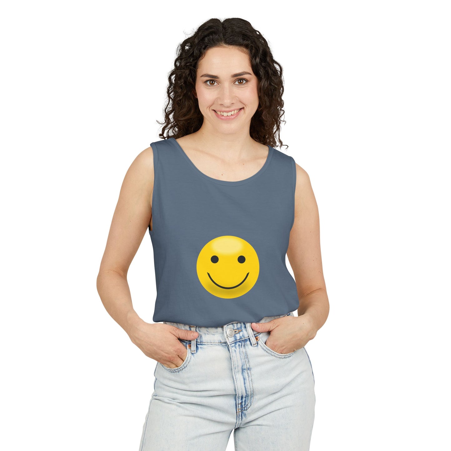 Smiley Face Tank Top, Summer Shirt, Casual Wear, Beach Outing, Gift for Friends, Positive Vibes Apparel