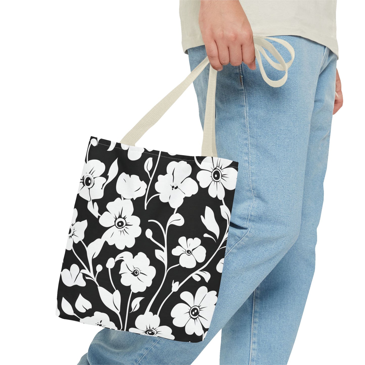 Elegant Floral Tote Bag, Black and White Tote, Eco-Friendly Shopping Bag