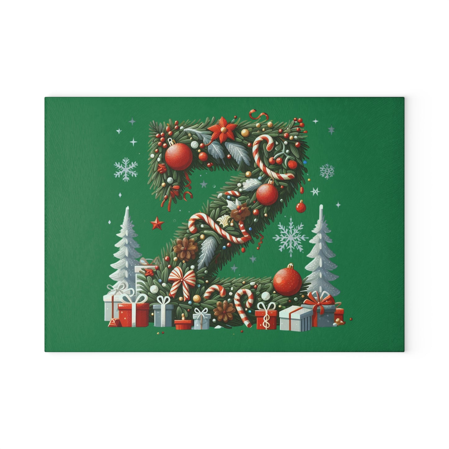 Christmas Wreath 'Z' Glass Cutting Board – Festive Holiday Kitchen Board, Candy Cane & Ornaments Design
