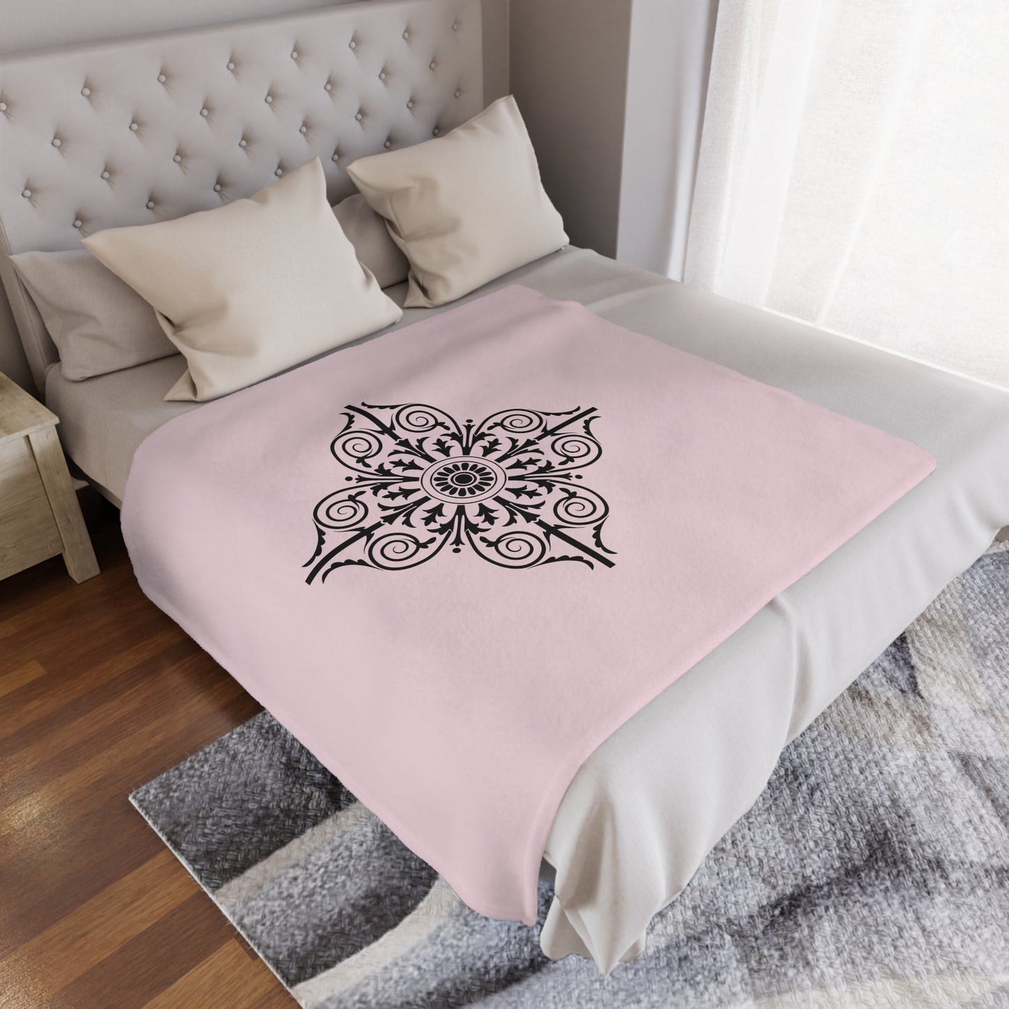 Pink Minky Blanket with Black Ornate Medallion – Decorative Cozy Throw