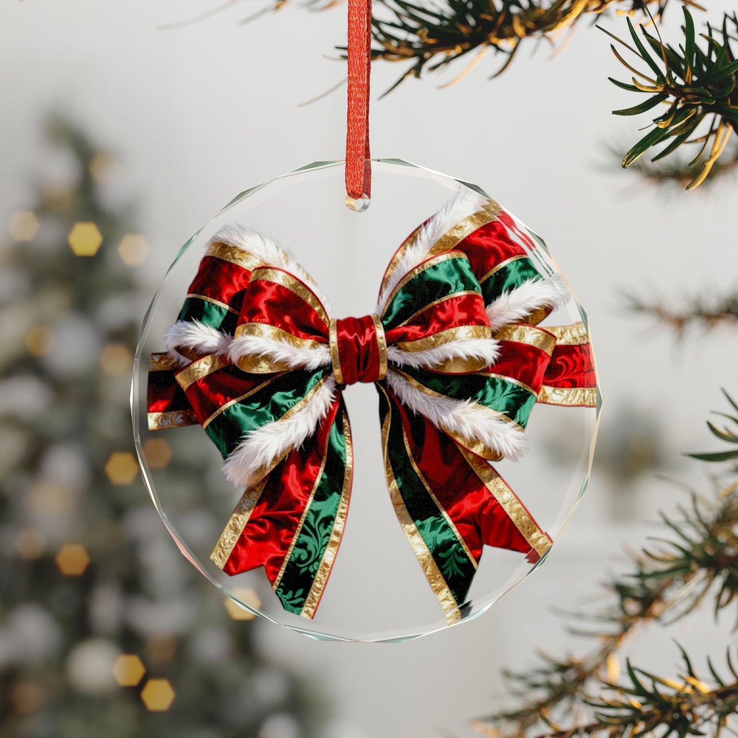 Crystal Heart Ornament — Festive Red & Green Holiday Bow
