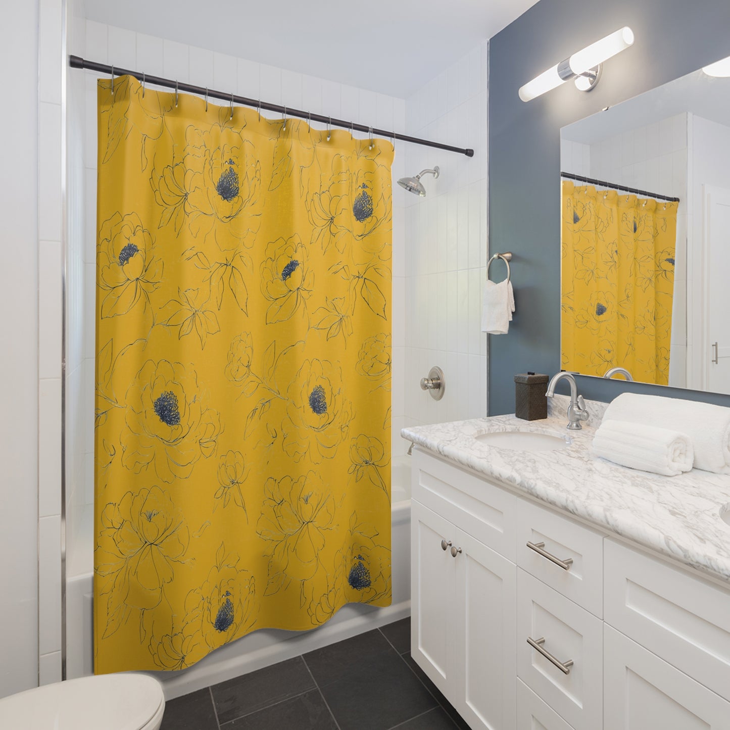 Chic Floral Shower Curtain, Bright Yellow Bathroom Decor, Modern Home Accessories, Elegant Gift for Her, Spring & Summer Vibes