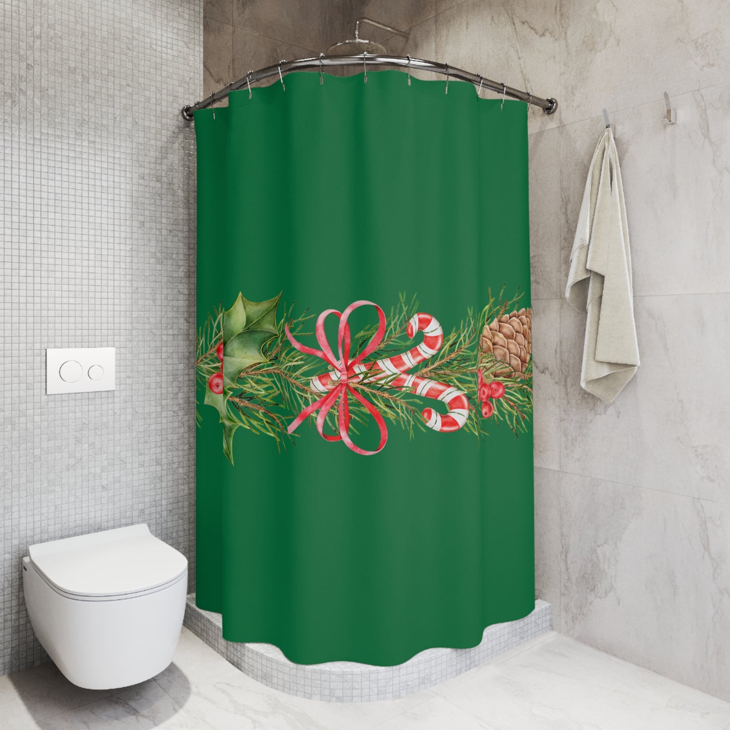 Christmas Green Shower Curtain — Holiday Pine, Candy Cane & Holly Garland Bathroom Decor