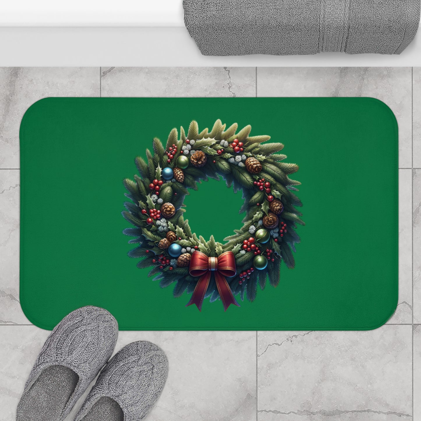 Christmas Wreath Bath Mat, Holiday Floor Rug, Seasonal Bathroom Decor, Festive Area Mat, Cozy Home Gift