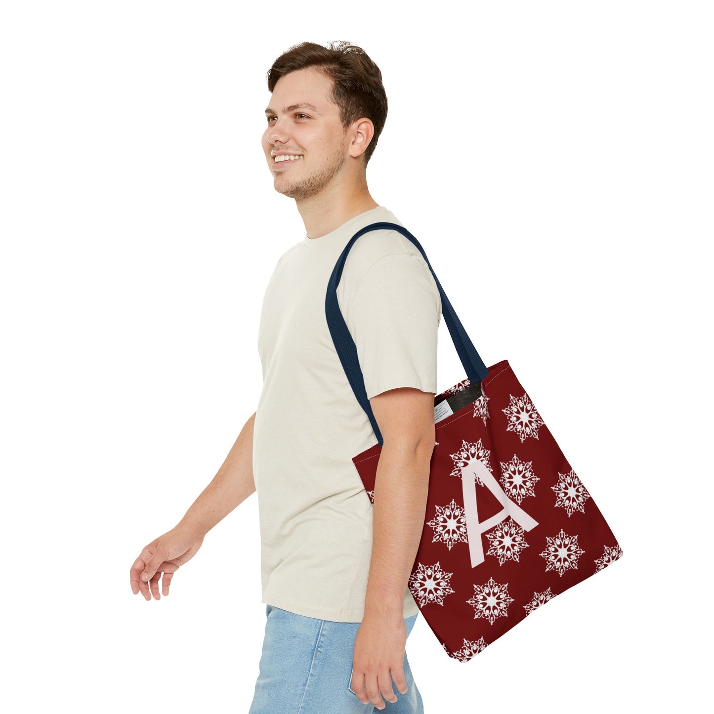 Monogram A Snowflake Tote Bag — Personalized Holiday AOP Tote
