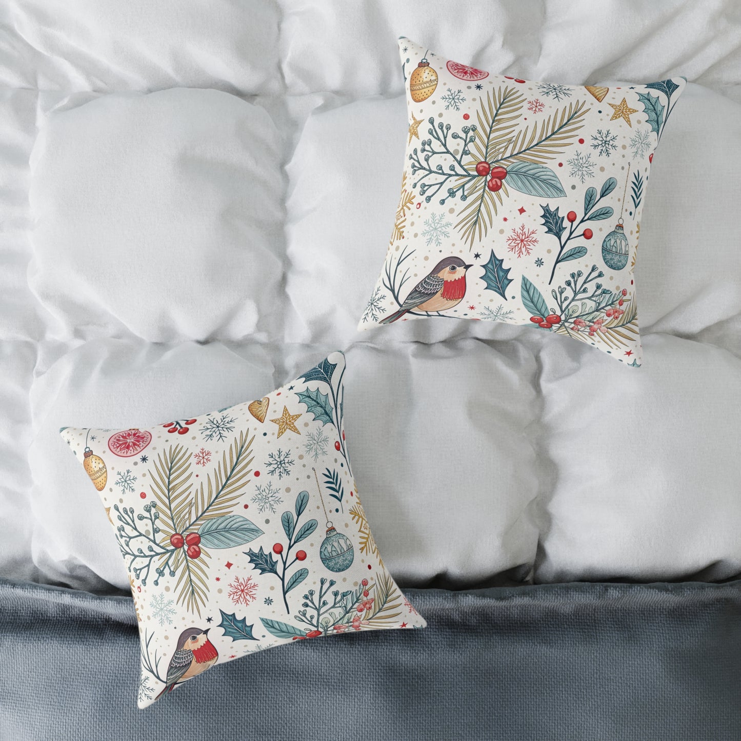 Festive Robin Holiday Pillow — Christmas Botanical Decorative Throw Pillow