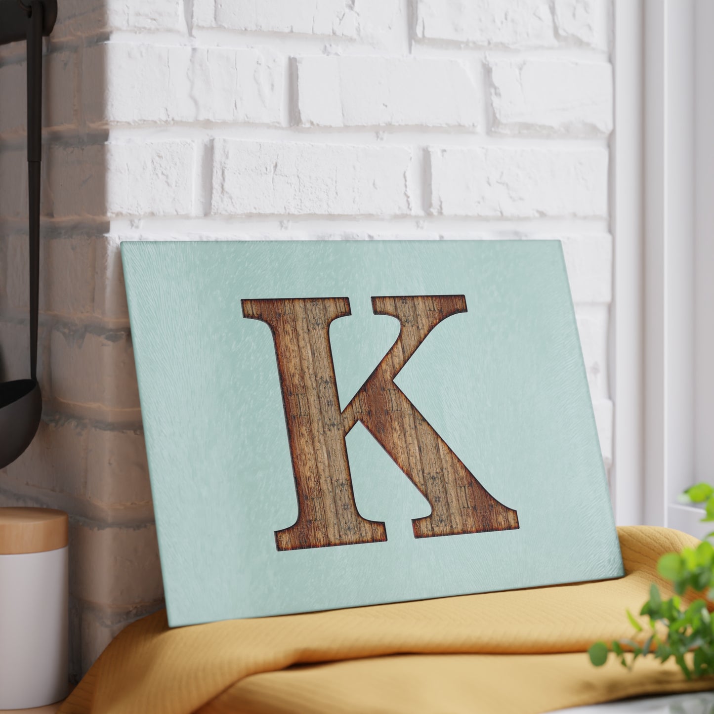 Monogram 'K' Glass Cutting Board — Rustic Wood Letter on Mint Background