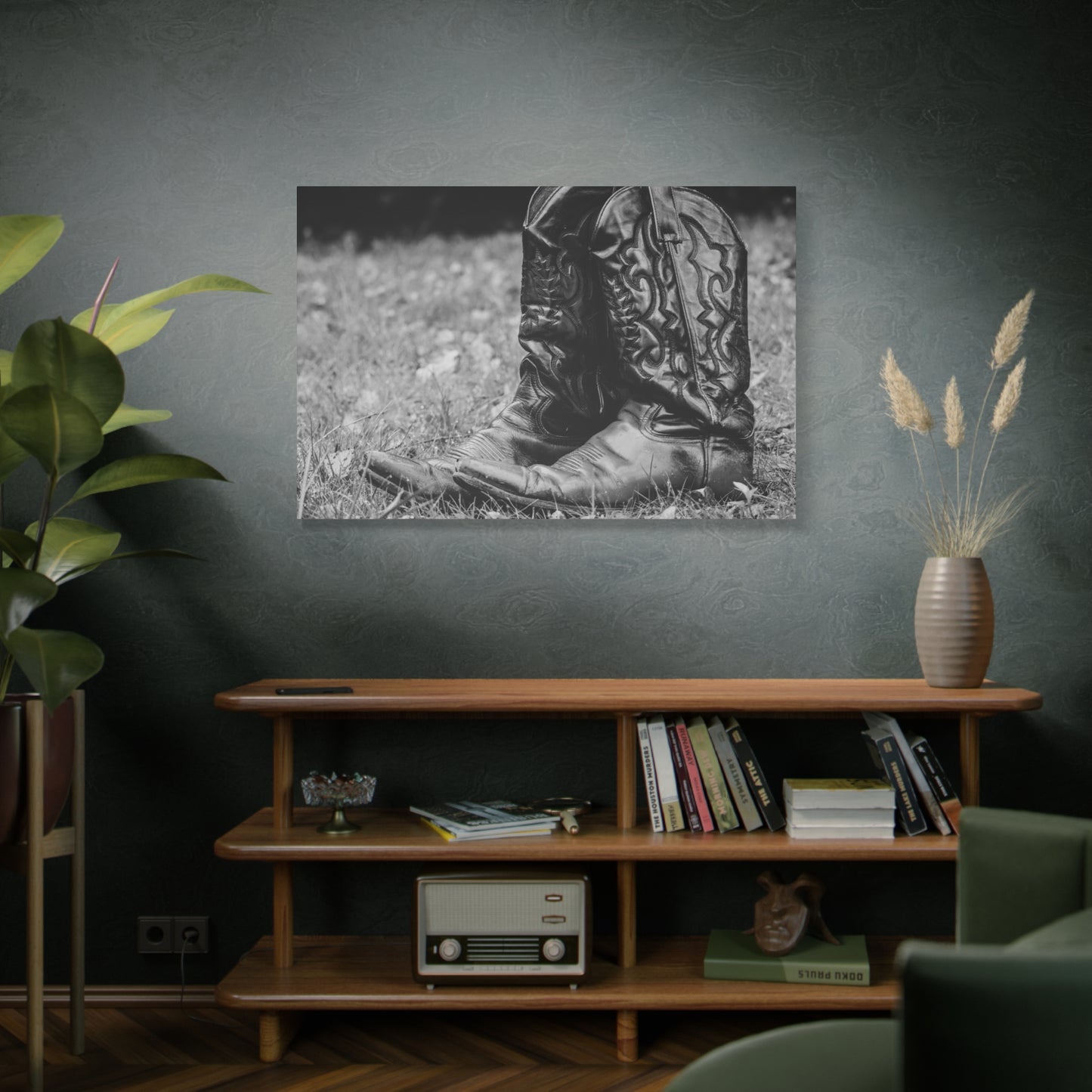 Western Cowboy Boots Matte Canvas Wall Art – Black & White Rustic Country Decor