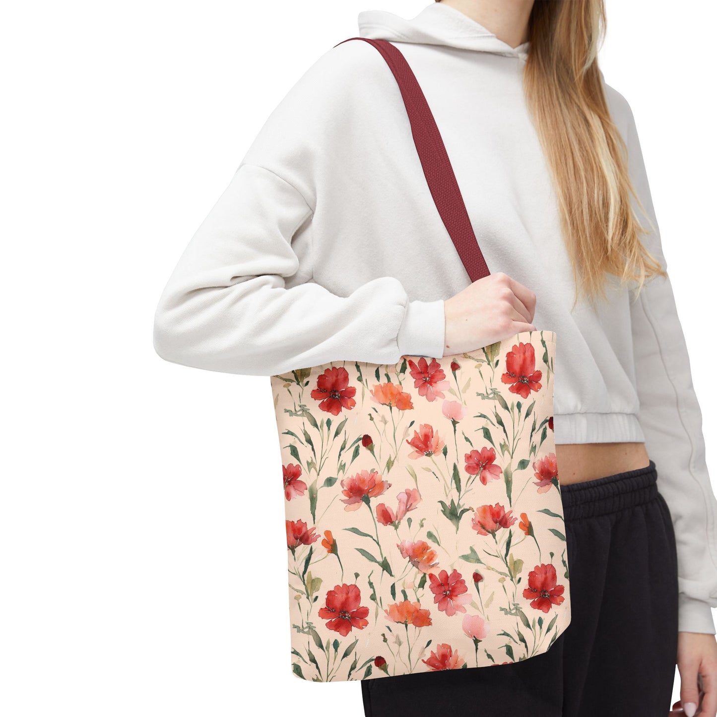 Floral Watercolor Tote Bag — Pink Red Poppy Pattern All-Over Print