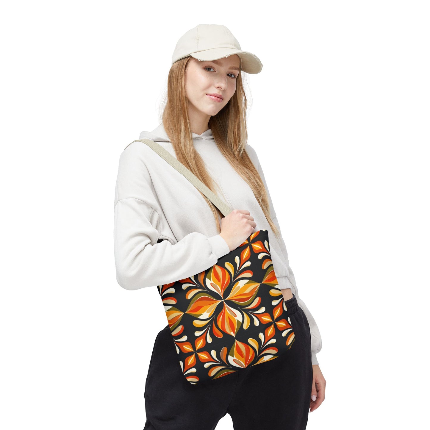 Retro Floral Tote Bag — Orange & Black Boho Pattern