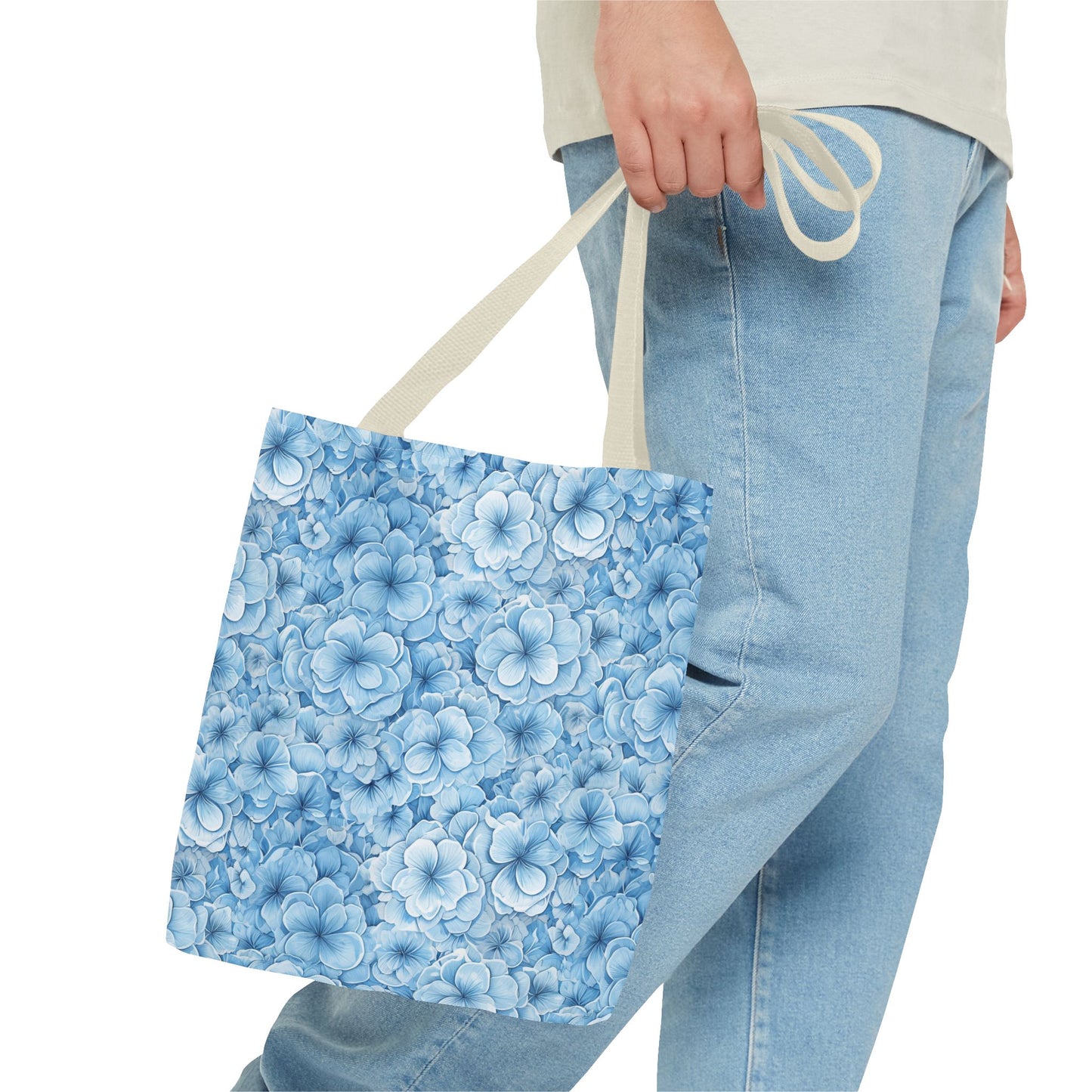 Blue Watercolor Floral Tote Bag — Reusable Flower Pattern Shopper