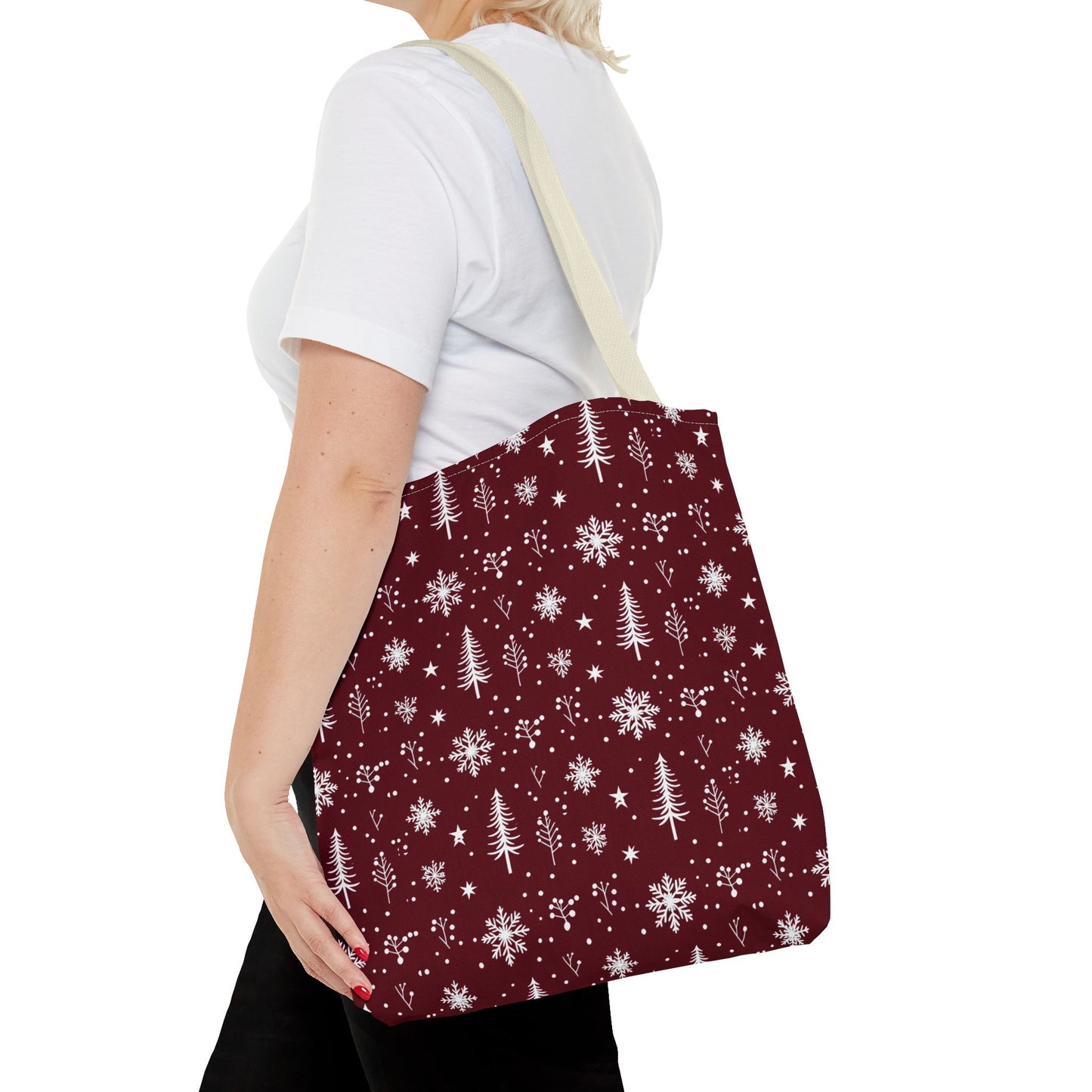 Christmas Snowflake Tote Bag – Burgundy Holiday Patterned Carryall