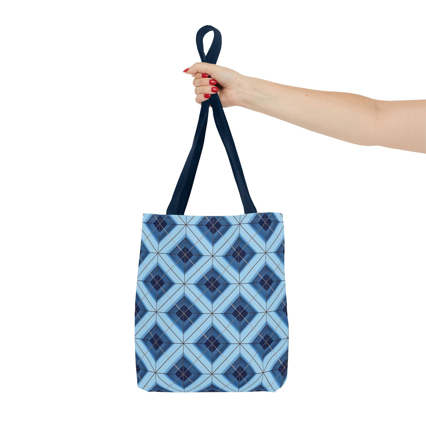 Blue Geometric Tote Bag — Repeating Diamond Pattern AOP