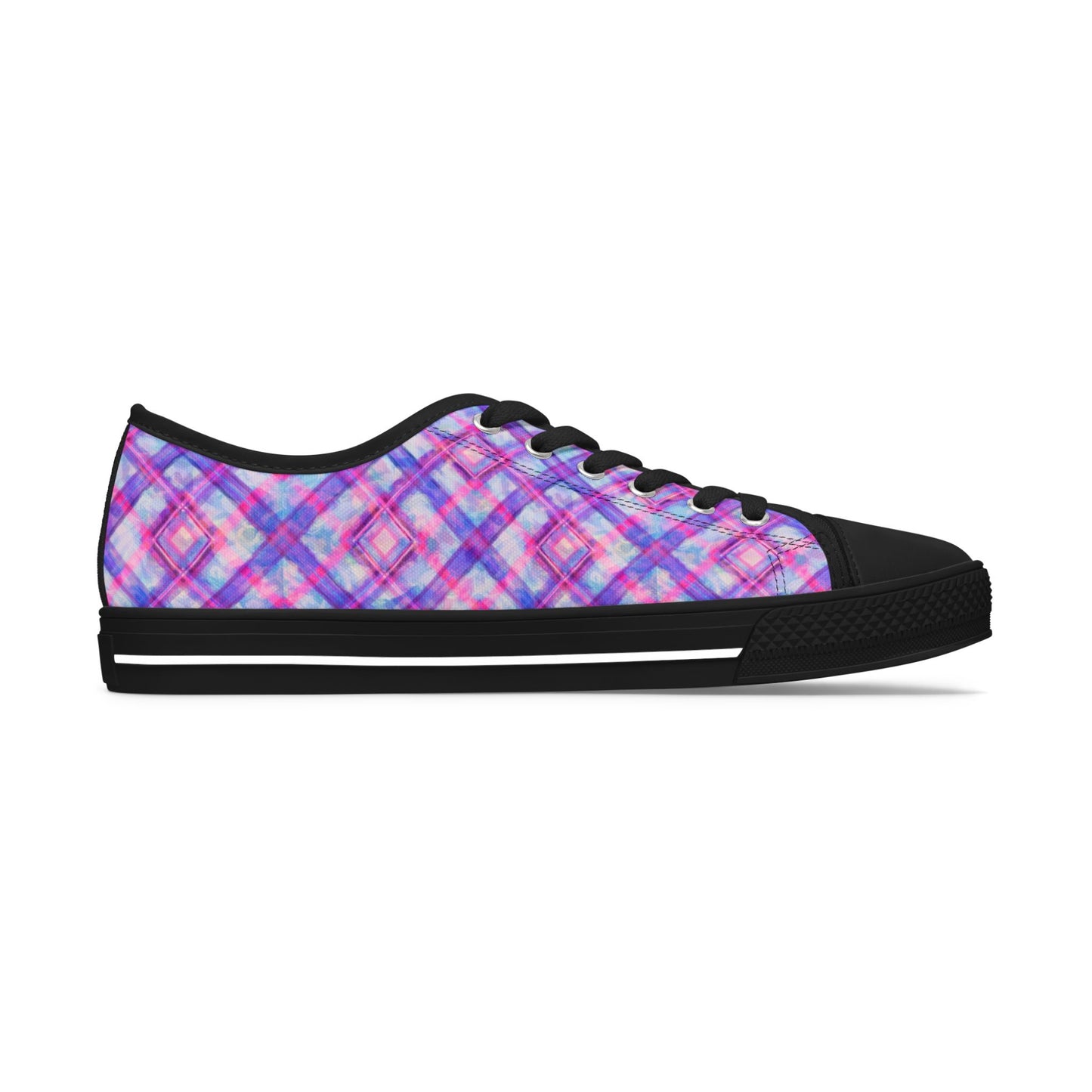 Women's Low Top Sneakers — Pink Purple Plaid Casual Canvas Shoes