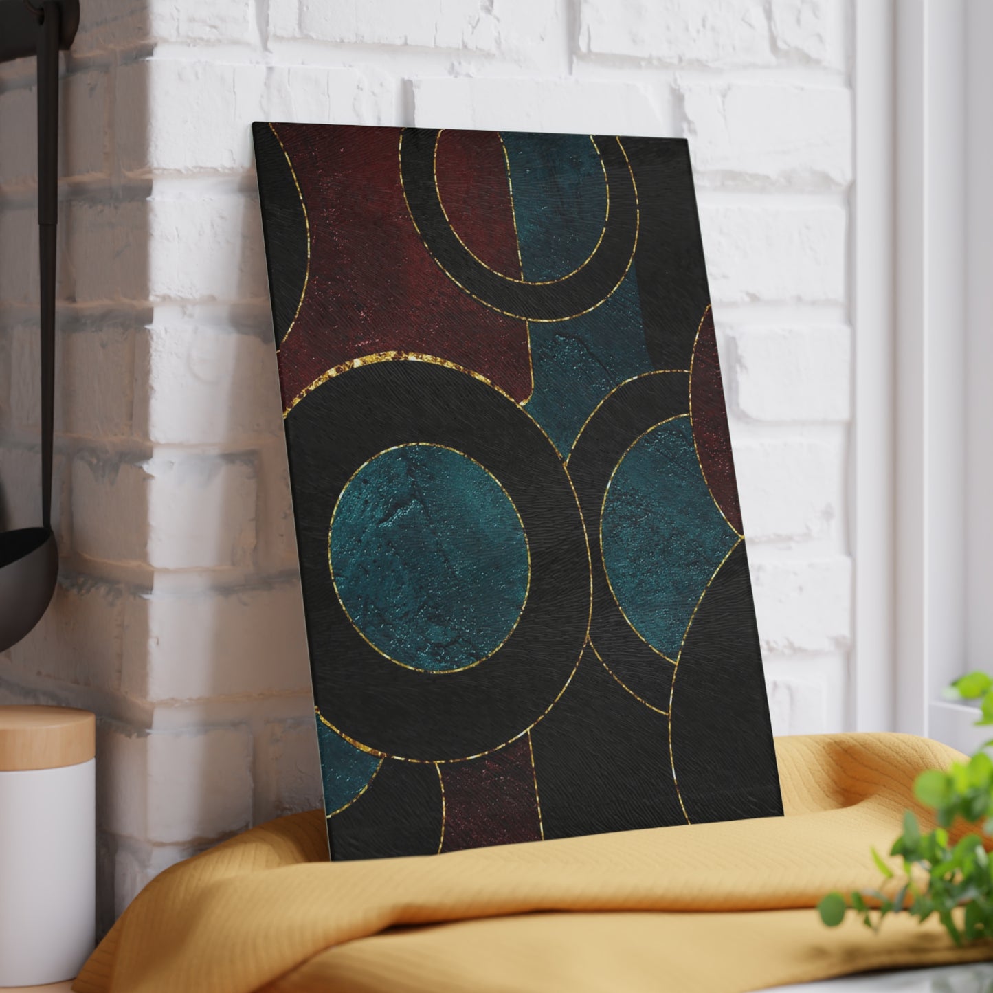 Geometric Circles Glass Cutting Board — Modern Teal & Burgundy Kitchen Decor