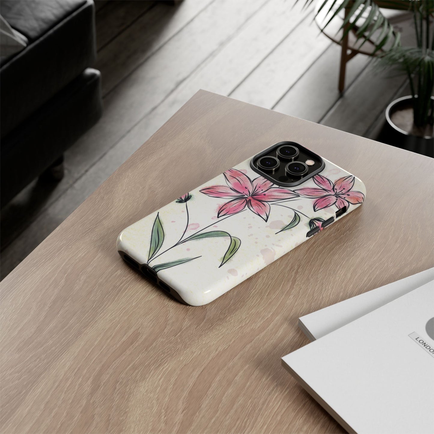 Floral Phone Case with Elegant Pink Lilies, Cute Floral Accessories, Phone Protection, Gift for Her, Stylish Cell Phone Cover