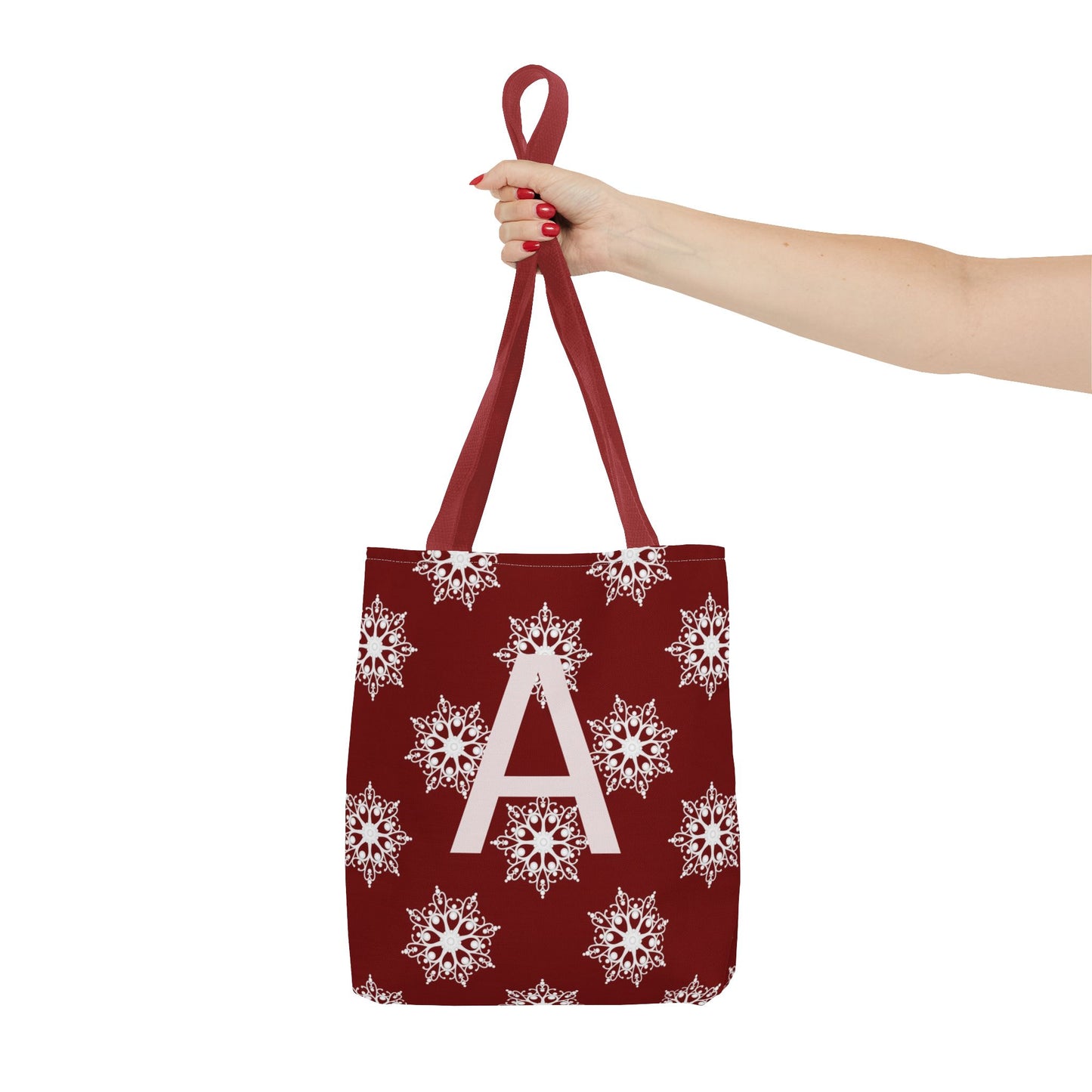 Monogram A Snowflake Tote Bag — Personalized Holiday AOP Tote