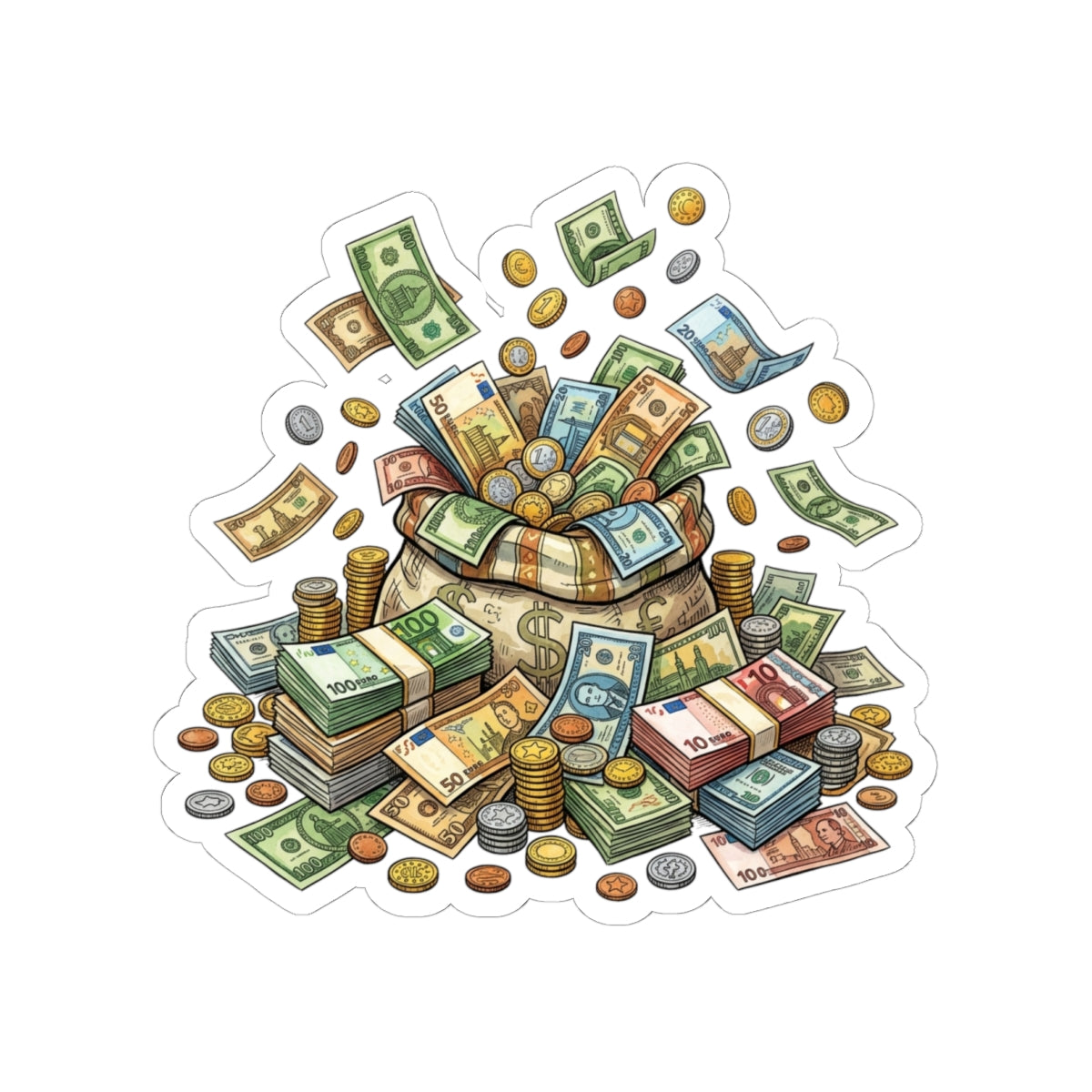 Money Pile Sticker — Cash & Coins Decorative Kiss-Cut Decal for Laptops, Journals & Wallets