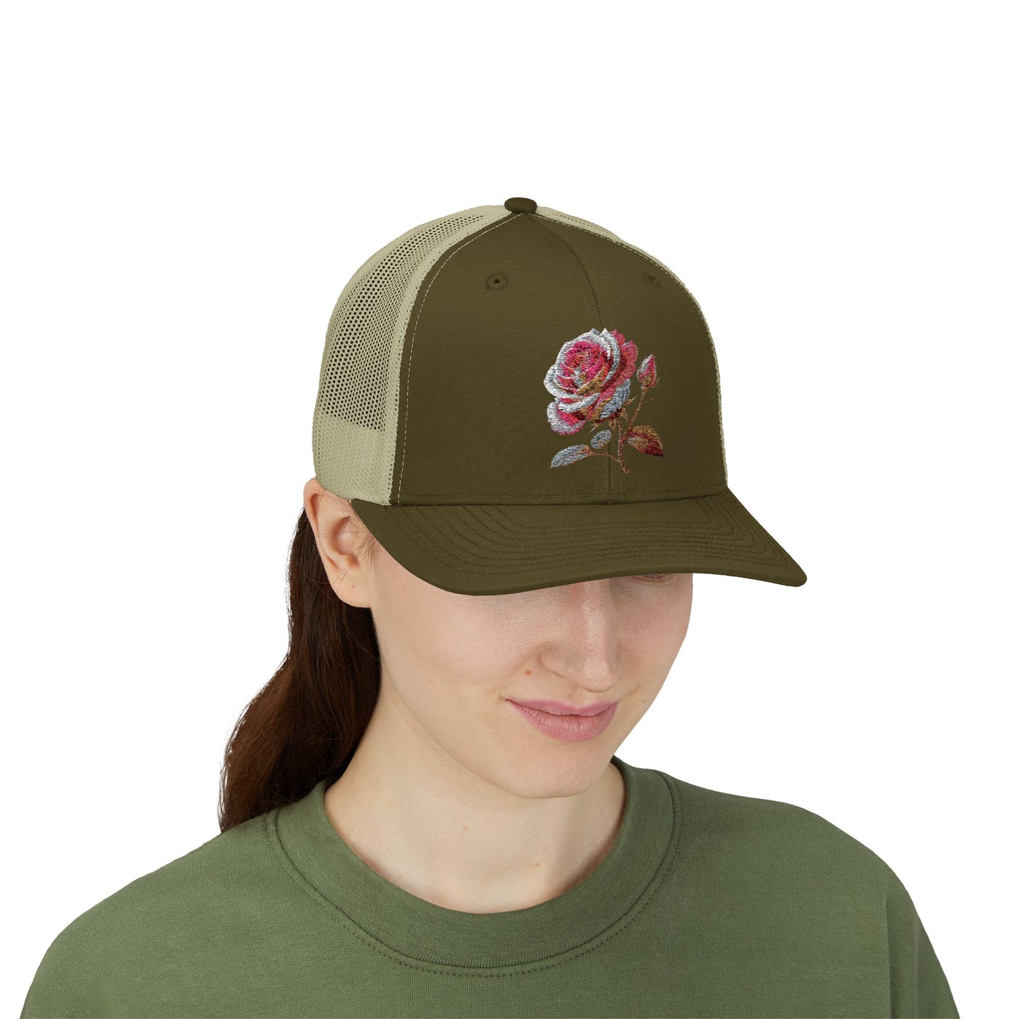 Rose Embellished Snapback Trucker Cap, Casual Hat for Outdoor Events, Gift for Flower Lovers, Stylish Fashion Accessory, Holiday Cap