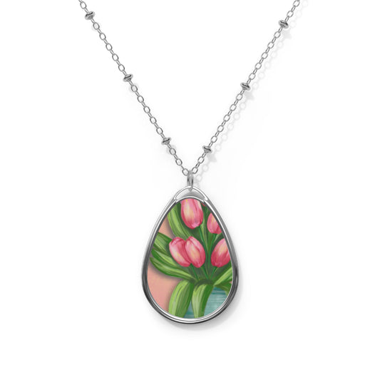 Floral Oval Necklace, Pink Tulip Jewelry, Dainty Pendant Gift for Her, Mother's Day Accessory, Spring Fashion