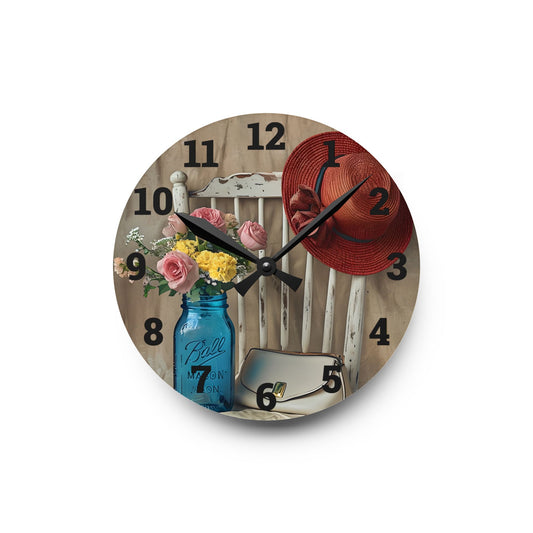 Vintage Floral Acrylic Wall Clock - Cottage Decor, Country Home Accent