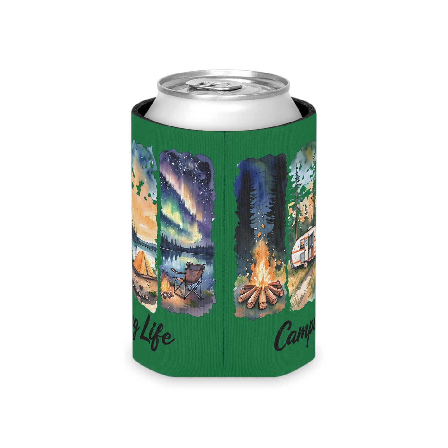 Camping Life Can Cooler – Insulated Beer Cooler with Campsite Watercolor Design