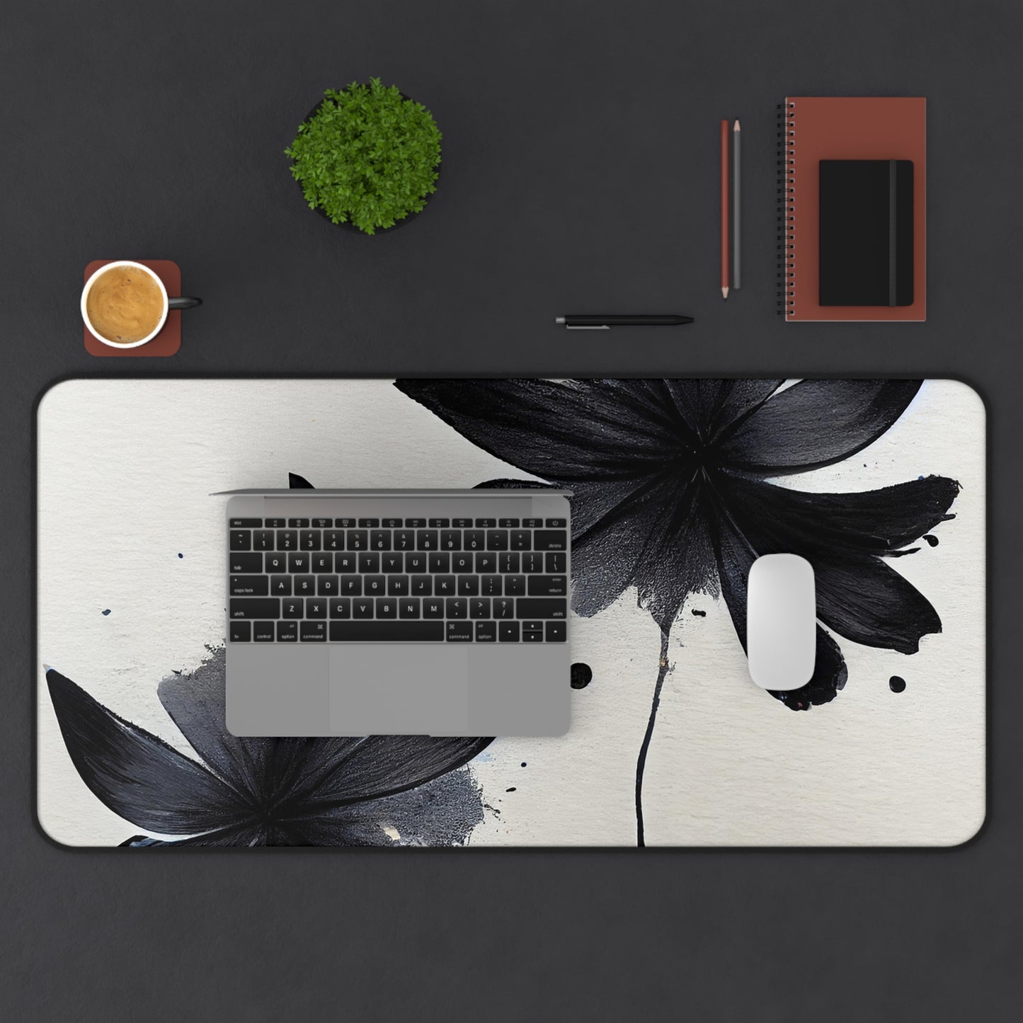 Black Ink Floral Desk Mat — Minimalist Monochrome Mousepad for Office & Home