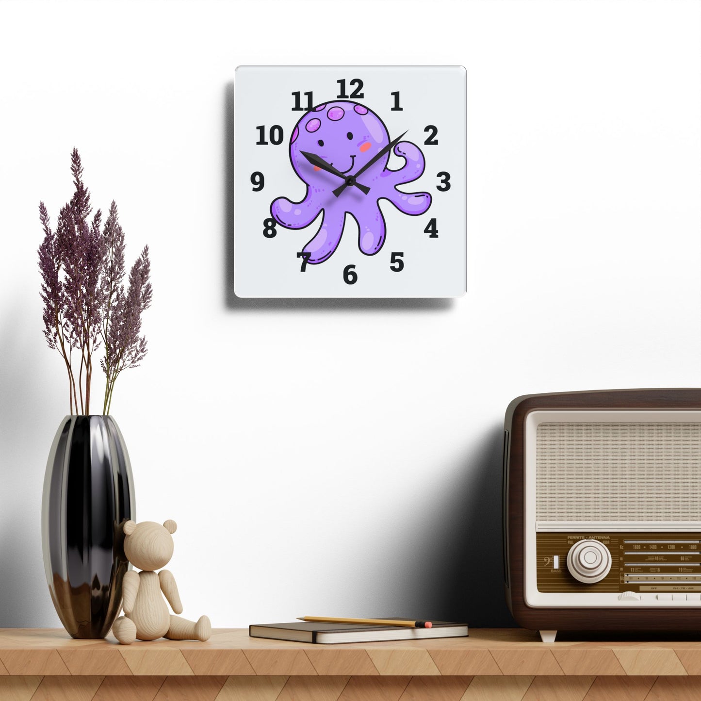 Cute Octopus Acrylic Wall Clock - Fun Kids Room Decor, Nautical Wall Art