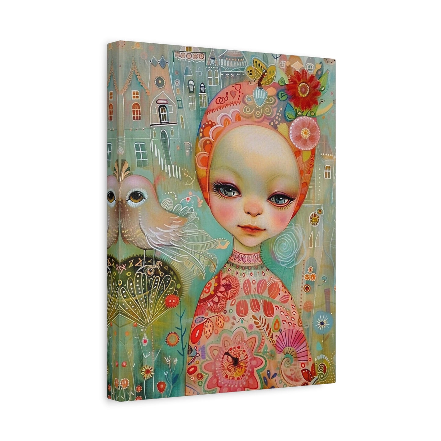 Whimsical Girl & Bird Matte Canvas Wall Art — Stretched Decorative Painting