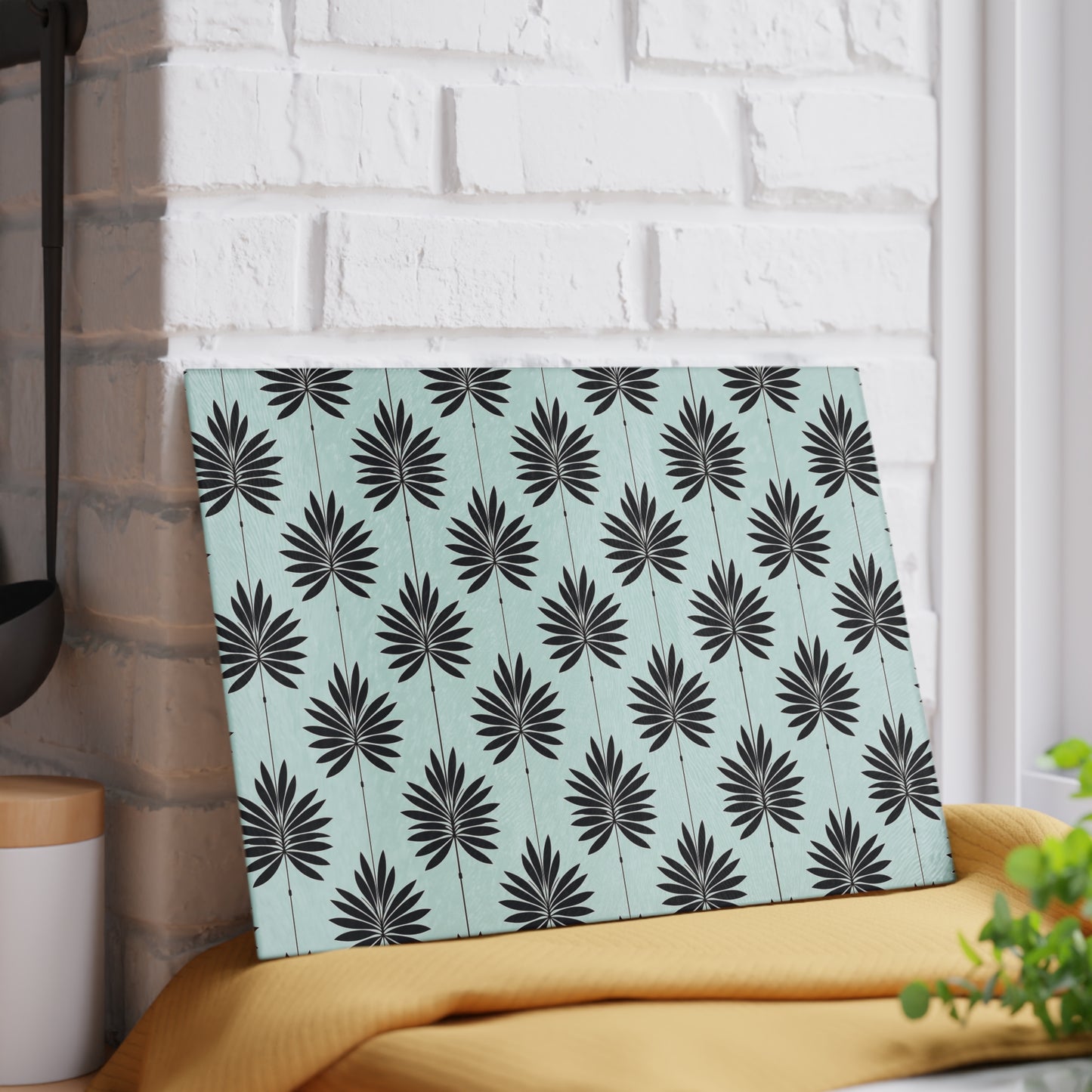 Palm Leaf Glass Cutting Board — Modern Mint Patterned Kitchen Board